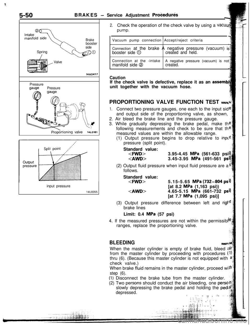MITSUBISHI ECLIPSE 1993  Workshop Manual 5-50BRAKES - Service Adjustment Proi?edur&
Brakebooster
sideSpring 
’
/
Valve
Pressure
gaugePressure
PropGtioning valve14LO181input pressure
14uoo55
2.Check the operation of the check valve by using