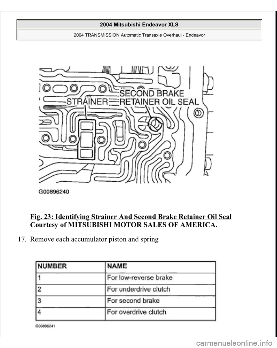 MITSUBISHI ENDEAVOR 2004  Service Repair Manual Fig. 23: Identifying Strainer And Second Brake Retainer Oil Seal
 
Courtesy of MITSUBISHI MOTOR SALES OF AMERICA. 
17. Remove each accumulator piston and spring 
 
2004 Mitsubishi Endeavor XLS 
2004 T