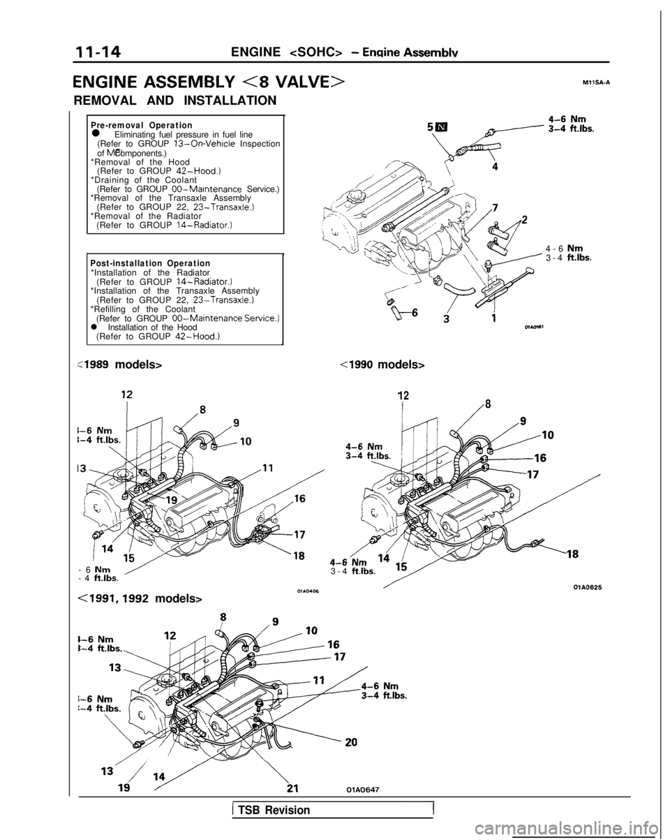 MITSUBISHI GALANT 1989  Service Repair Manual II-14ENGINE <SOHC> - Ennine AssemblvENGINE
  ASSEMBLY
 
(8 VALVE>
REMOVAL AND INSTALLATION
Pre-removal Operationl Eliminating fuel pressure in fuel line
(Refer to GROUP 13-On-Vehicle Inspection
of  MF