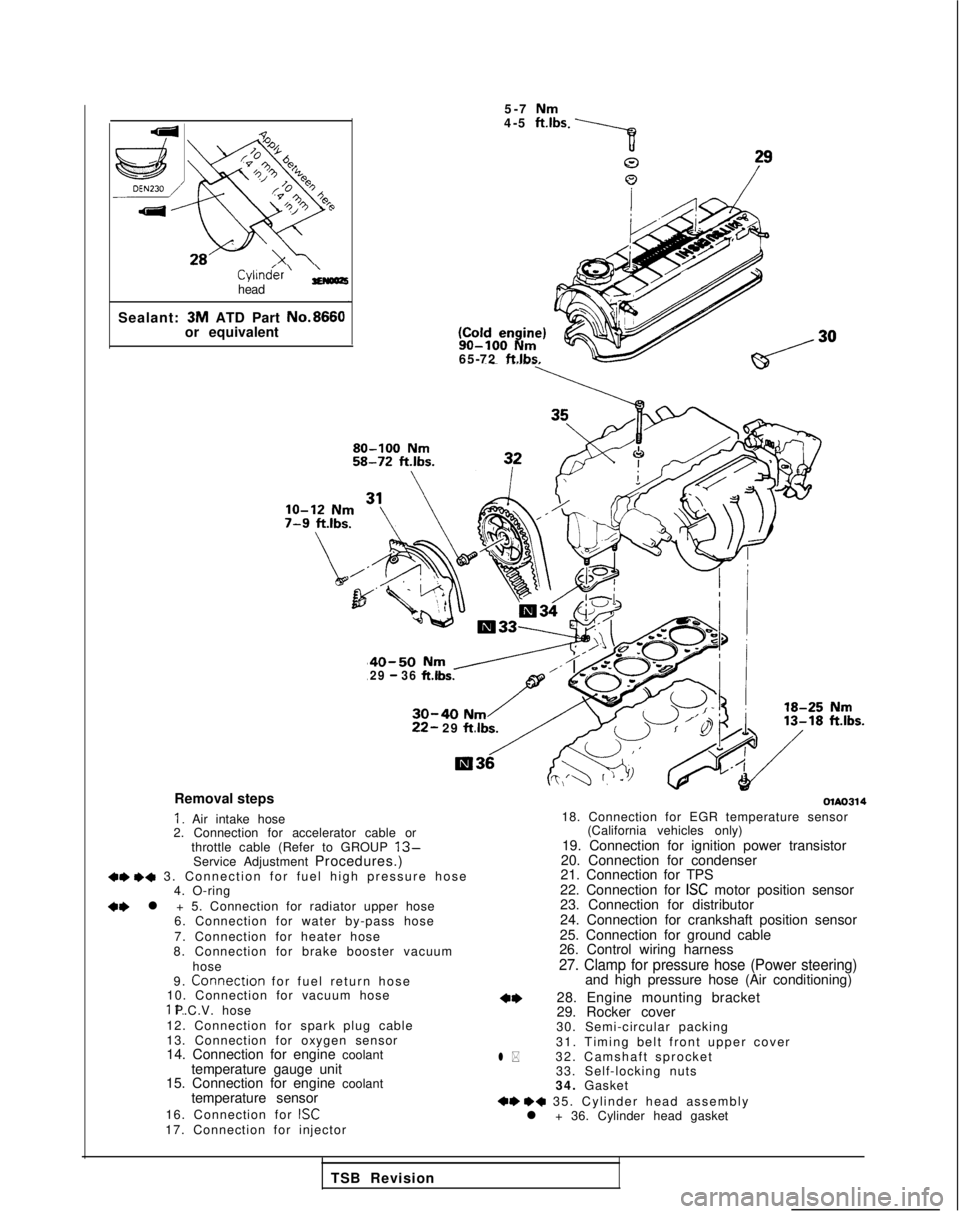 MITSUBISHI GALANT 1989  Service Repair Manual Cyl1n&r’ ;;(oozhead
Sealant:  3M
 ATD Part  No.8660
or equivalent 5-7 
Nm4-5 ft.lbs 90-100
 
Nm65-72  ftlbs.
40-50 Nm /29 - 36 ft.lbs.
30-40 Nm22- 29 
ftlbs.
Removal steps
I. Air intake hose
2. Conn