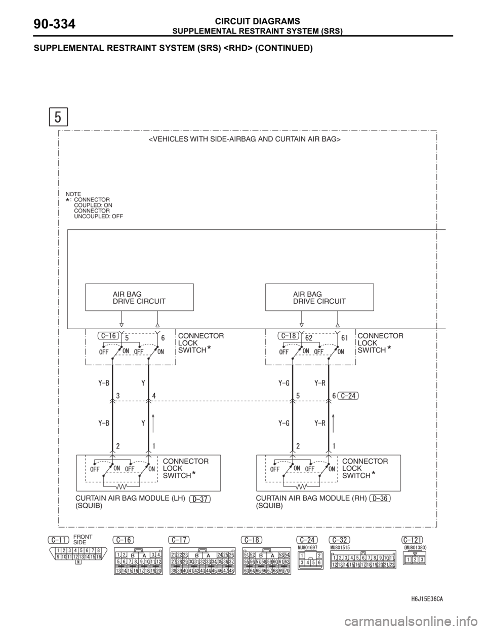 MITSUBISHI LANCER 2006  Workshop Manual SUPPLEMENTAL RESTRAINT SYSTEM (SRS)
CIRCUIT DIAGRAMS90-334
SUPPLEMENTAL RESTRAINT SYSTEM (SRS) <RHD> (CONTINUED)
<VEHICLES WITH SIDE-AIRBAG AND CURTAIN AIR BAG>
CONNECTOR 
LOCK 
SWITCH AIR BAG 
DRIVE 
