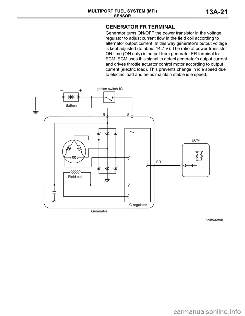 MITSUBISHI LANCER EVOLUTION X 2008  Workshop Manual SENSOR
MULTIPORT FUEL SYSTEM (MFI)13A-21
.
GENERATOR FR TERMINAL
Generator turns ON/OFF the power transistor in the voltage 
regulator to adjust current flow in the field coil according to 
alternator