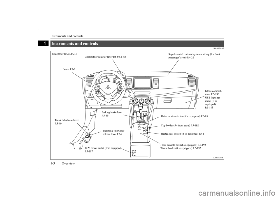 MITSUBISHI LANCER 2014 8.G Owners Manual Instruments and controls 1-3 Overview
1
N00100202502
Instruments and controls Except for RALLIART 
Supplemental restraint sy 
stem - airbag (for front  
passenger’s seat) P.4-22 
Gearshift or select