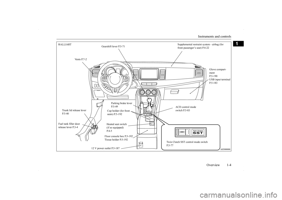 MITSUBISHI LANCER 2014 8.G Owners Manual Instruments and controls 
Overview 1-4
1
Supplemental restraint system - airbag (for  front passenger’s seat) P.4-22 
RALLIART 
Gearshift lever P.5-71 
Vents P.7-2 
Glove compart- ment P.5-190USB in