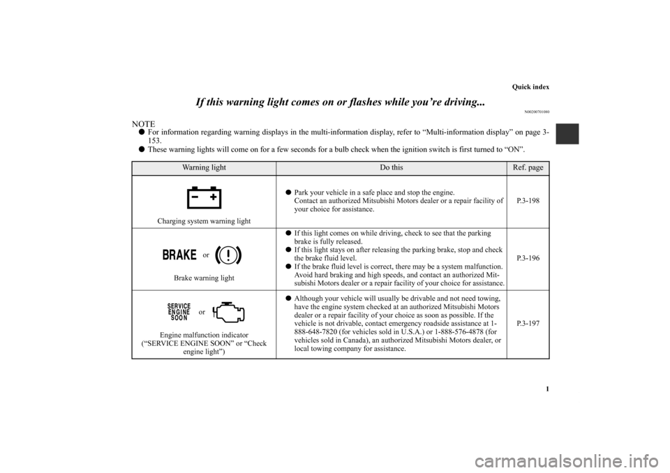 MITSUBISHI LANCER EVOLUTION 2011 10.G Owners Manual Quick index
1
If this warning light comes on or flashes while you’re driving...
N00200701080
NOTEFor information regarding warning displays in the multi-information display, refer to “Multi-infor