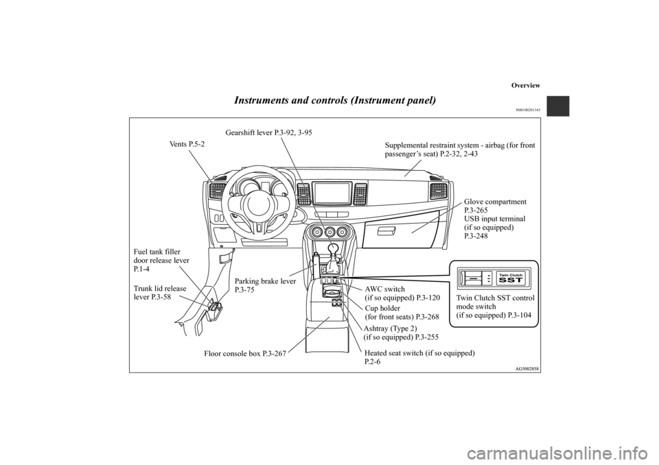 MITSUBISHI LANCER EVOLUTION 2011 10.G Owners Manual Overview
Instruments and controls (Instrument panel)
N00100201345
Vents P.5-2
Supplemental restraint system - airbag (for front 
passenger’s seat) P.2-32, 2-43
Twin Clutch SST control 
mode switch 
