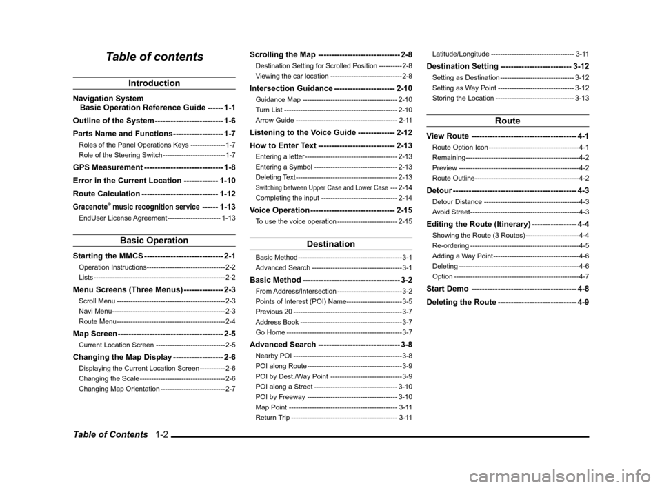 MITSUBISHI LANCER SE AWC 2012 8.G MMCS Manual Table of Contents   1-2
Table of contents
Introduction
Navigation System
Basic Operation Reference Guide ------ 1-1
Outline of the System -------------------------- 1-6
Parts Name and Functions ------