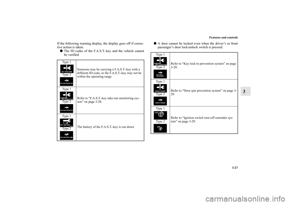 MITSUBISHI LANCER SE AWC 2012 8.G Owners Manual Features and controls
3-27
3
If the following warning display, the display goes off if correc-
tive action is taken.
The ID codes of the F.A.S.T.-key and the vehicle cannot
be verifiedA door cannot 