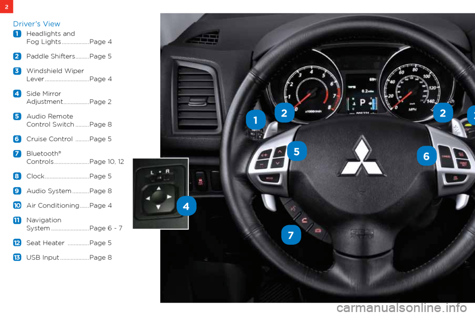 MITSUBISHI OUTLANDER SPORT 2012 3.G Owners Handbook 2
1
56
3
7
4
22
Driver’s View
 1  headlights and 
    f og lights .................. Page 4
 2  Paddle shifters ......... Page 5
  3  w indshield w iper
   l ever ............................. Page 