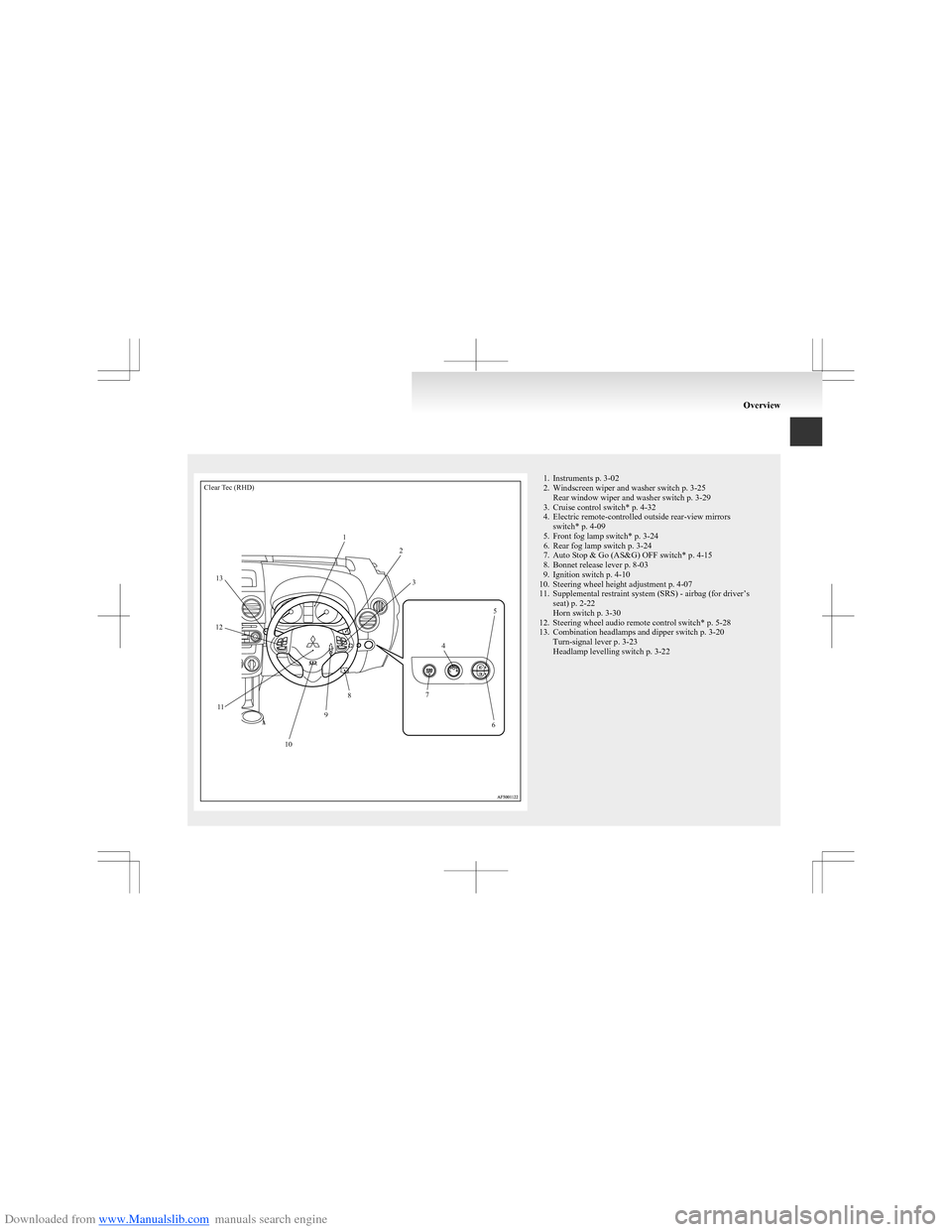 MITSUBISHI COLT 2009 10.G Owners Manual Downloaded from www.Manualslib.com manuals search engine Clear Tec (RHD)123456789101112131. Instruments p. 3-02
2. Windscreen wiper and washer switch p. 3-25 Rear window wiper and washer switch p. 3-2