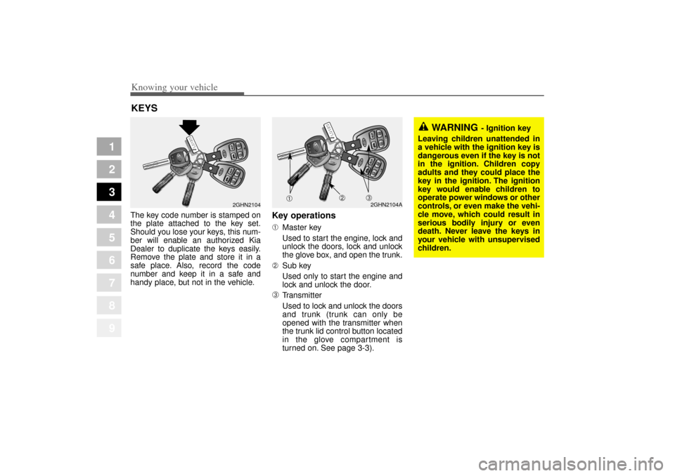 KIA Amanti 2004 1.G User Guide Knowing your vehicle23
1
2
3
4
5
6
7
8
9
The key code number is stamped on
the plate attached to the key set.
Should you lose your keys, this num-
ber will enable an authorized Kia
Dealer to duplicate
