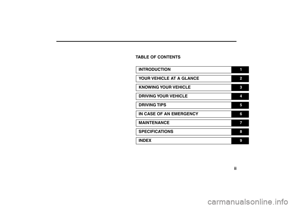 KIA Rio 2005 2.G Owners Manual ii
TABLE OF CONTENTSINTRODUCTION
1
YOUR VEHICLE AT A GLANCE
2
KNOWING YOUR VEHICLE
3
DRIVING YOUR VEHICLE
4
DRIVING TIPS
5
IN CASE OF AN EMERGENCY
6
MAINTENANCE
7
SPECIFICATIONS
8
INDEX
9
RIO ENG CNA 