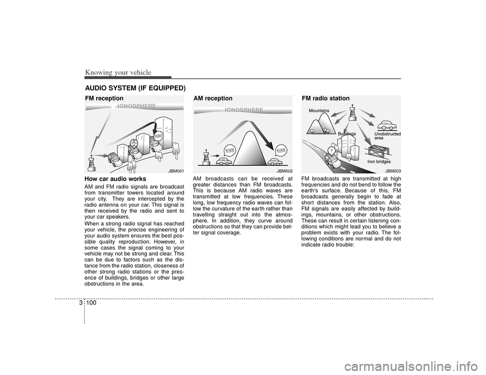 KIA Amanti 2007 1.G Owners Manual Knowing your vehicle100
3How car audio worksAM and FM radio signals are broadcast
from transmitter towers located around
your city. They are intercepted by the
radio antenna on your car. This signal i