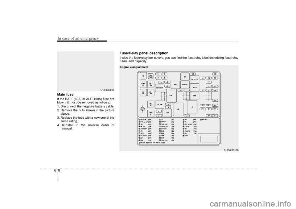 KIA Amanti 2007 1.G Owners Manual In case of an emergency86Main fuseIf the BATT (60A) or ALT (150A) fuse are
blown, it must be removed as follows:
1. Disconnect the negative battery cable.
2. Remove the nuts shown in the pictureabove.