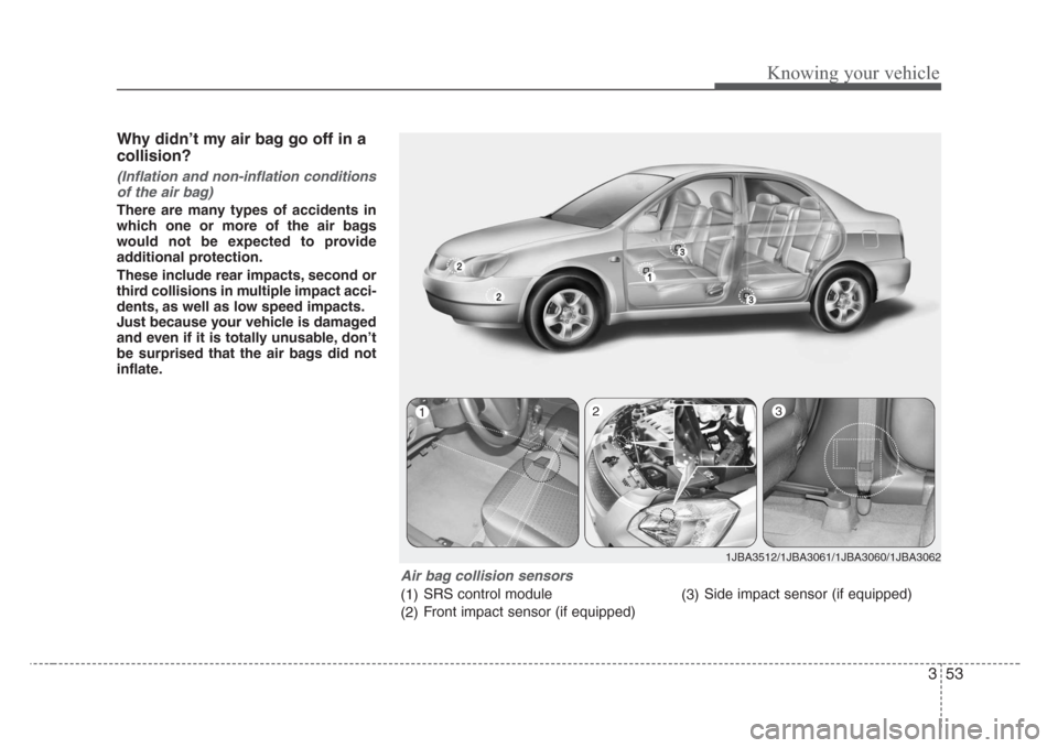 KIA Rio 2008 2.G Owners Manual 353
Knowing your vehicle
Why didn’t my air bag go off in a
collision?
(Inflation and non-inflation conditions
of the air bag)
There are many types of accidents in
which one or more of the air bags
w