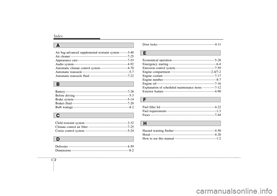 KIA Carens 2008 2.G Owners Manual Index2I
Air bag-advanced supplemental restraint system ··········3-40
Air cleaner ······················································