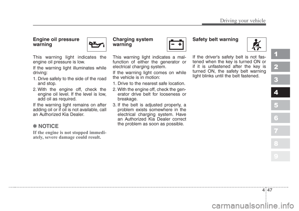 KIA Sportage 2008 JE_ / 2.G Owners Manual 447
Driving your vehicle
1
2
3
4
5
6
7
8
9
Engine oil pressure
warning
This warning light indicates the
engine oil pressure is low.
If the warning light illuminates while
driving:
1. Drive safely to t