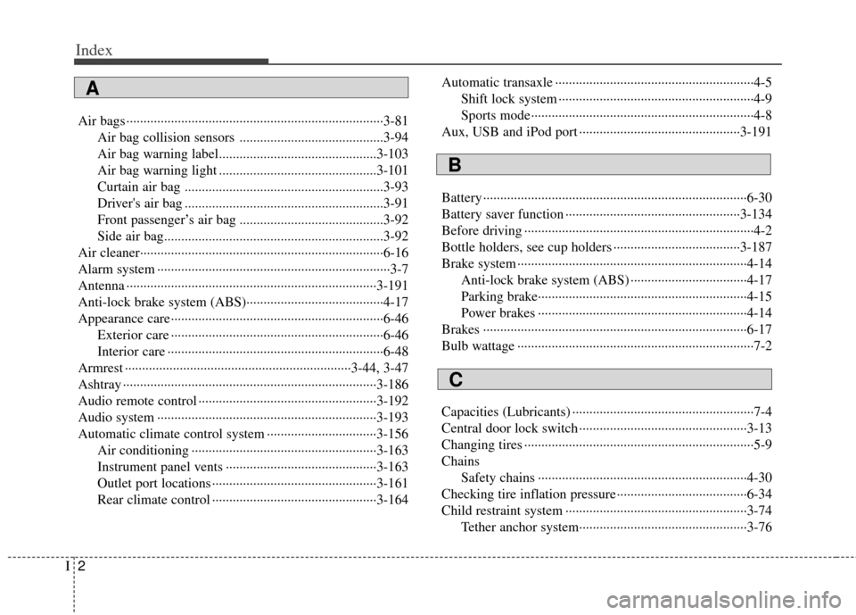 KIA Sedona 2013 2.G Owners Manual Index
2I
Air bags ··················\
··················\
··················\
··················\
···3-81Air bag collision se