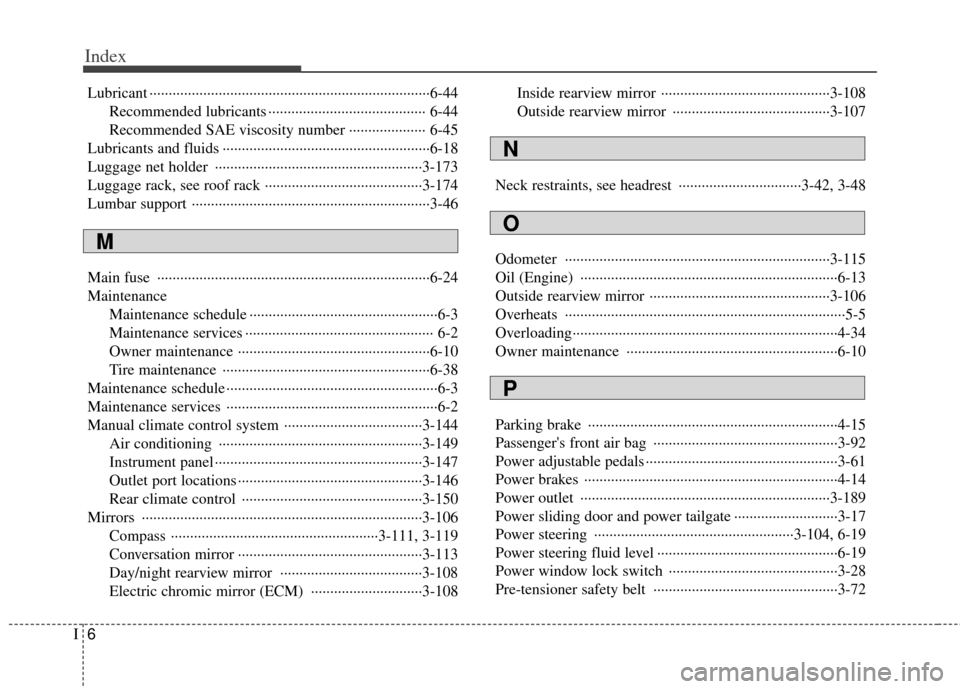 KIA Sedona 2013 2.G Owners Manual Index
6I
Lubricant ··················\
··················\
··················\
··················\
·6-44Recommended lubricants 