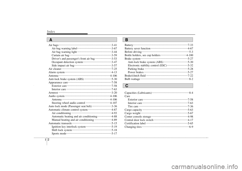 KIA Sorento 2013 2.G Owners Manual Index2I
Air bags··················\
··················\
··················\
··················\
··3-41Air bag warning label·�