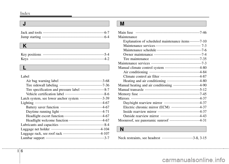 KIA Sportage 2013 SL / 3.G Owners Manual Index
6I
Jack and tools ··················\
··················\
··················\
·············6-7
Jump starting ·········