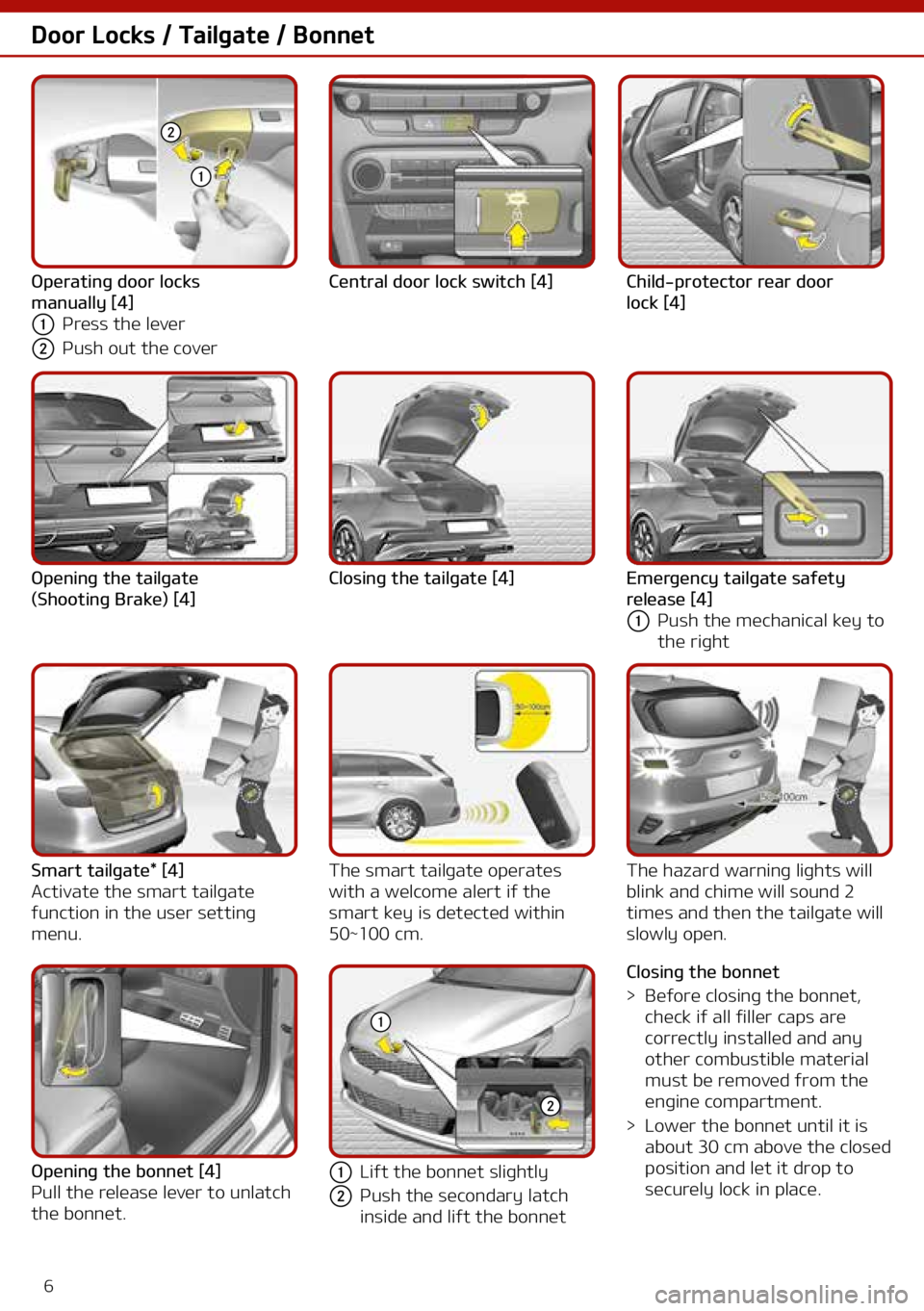 KIA CEED 2021  Owners Manual 6
Door Locks / Tailgate / Bonnet
Central door lock switch [4] Child-protector rear door 
lock   [4]
Opening the tailgate 
(Shooting
 
Brake)
 
[4] Closing the tailgate
  [4]Emergency tailgate safety 
