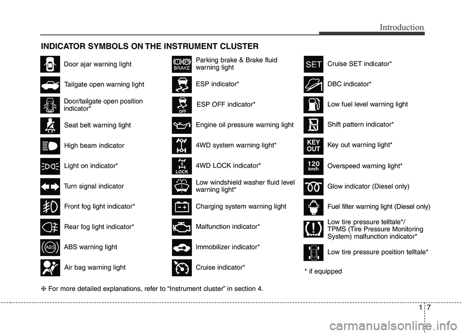 KIA SORENTO 2010  Owners Manual 17
Introduction
INDICATOR SYMBOLS ON THE INSTRUMENT CLUSTER
Seat belt warning light
Door/tailgate open position  indicator*
Tailgate open warning light
High beam indicator
Light on indicator*
Turn sig