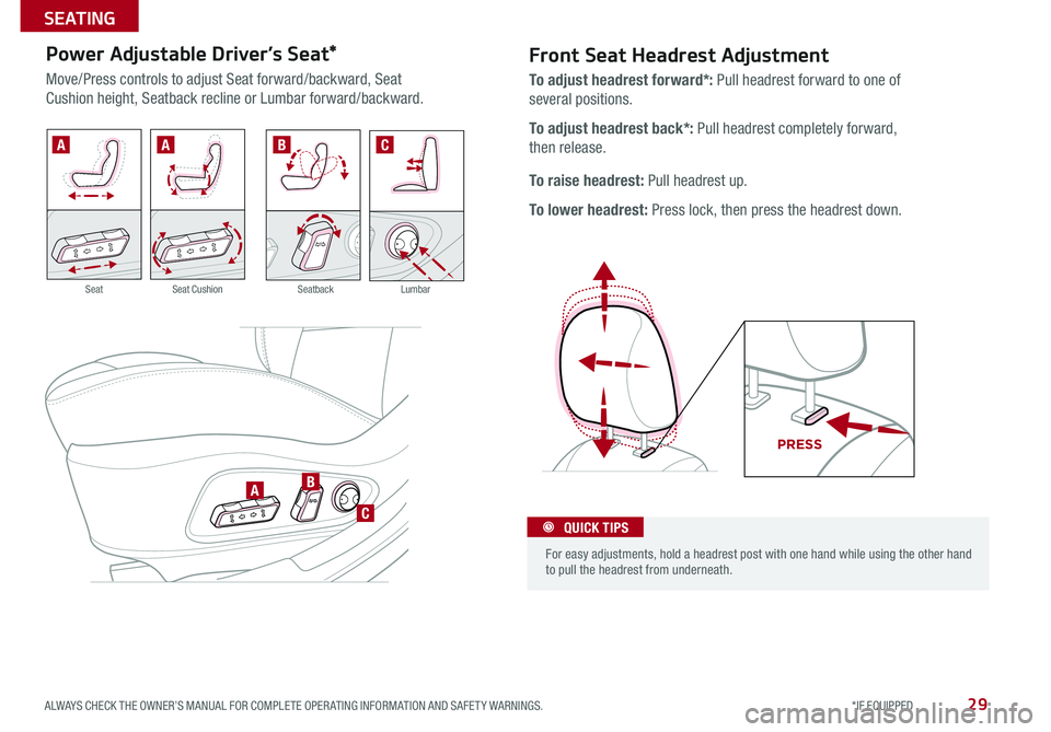 KIA SOUL 2015  Features and Functions Guide 29
Front Seat Headrest Adjustment
.
PR ESS
To adjust headrest forward*: Pull headrest forward to one of 
several positions  
To adjust headrest back*: Pull headrest completely forward, 
then release 
