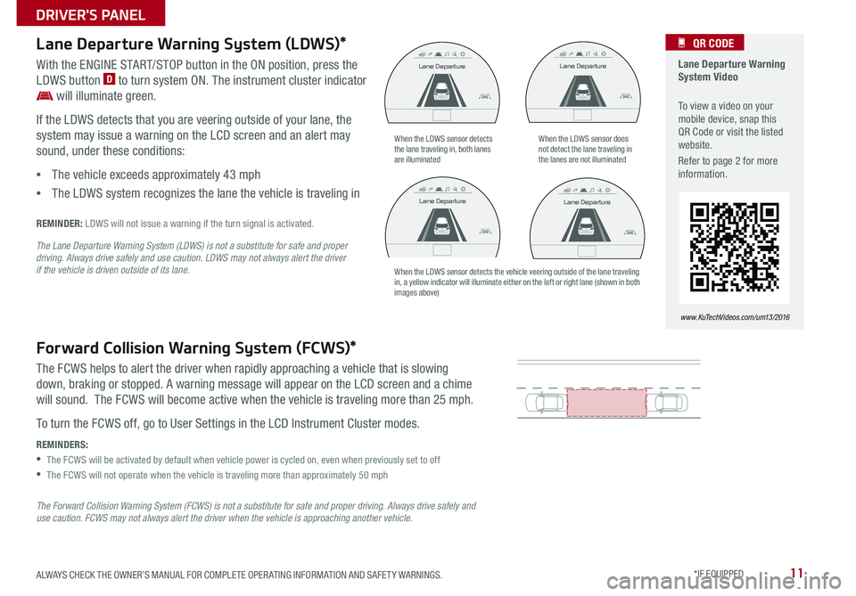 KIA SORENTO 2016  Features and Functions Guide 11
  Lane Departure Warning System Video
 To view a video on your mobile device, snap this QR Code or visit the listed website .
Refer to page 2 for more information  .
   QR CODE
www.KuTechVideos.com