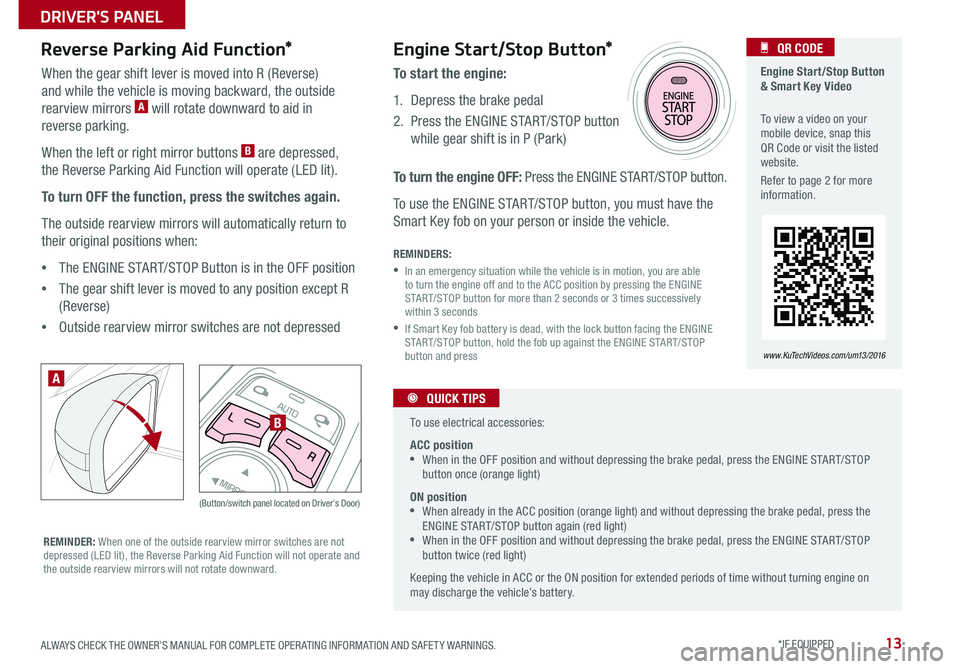 KIA SORENTO 2016  Features and Functions Guide 13
AUTOL
R
MIRROR
Reverse Parking Aid Function*
When the gear shift lever is moved into R (Reverse) 
and while the vehicle is moving backward, the outside 
rearview mirrors A will rotate downward to a