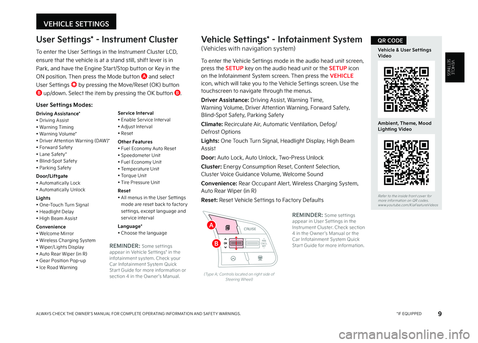 KIA SELTOS 2023  Features and Functions Guide VEHICLE SETTINGS
9 *IF EQUIPPEDALWAYS CHECK THE OWNER ’S MANUAL FOR COMPLETE OPER ATING INFORMATION AND SAFET Y WARNINGS  
VEHICLESETTINGS
User Settings Modes:
Driving Assistance*• Driving Assist�