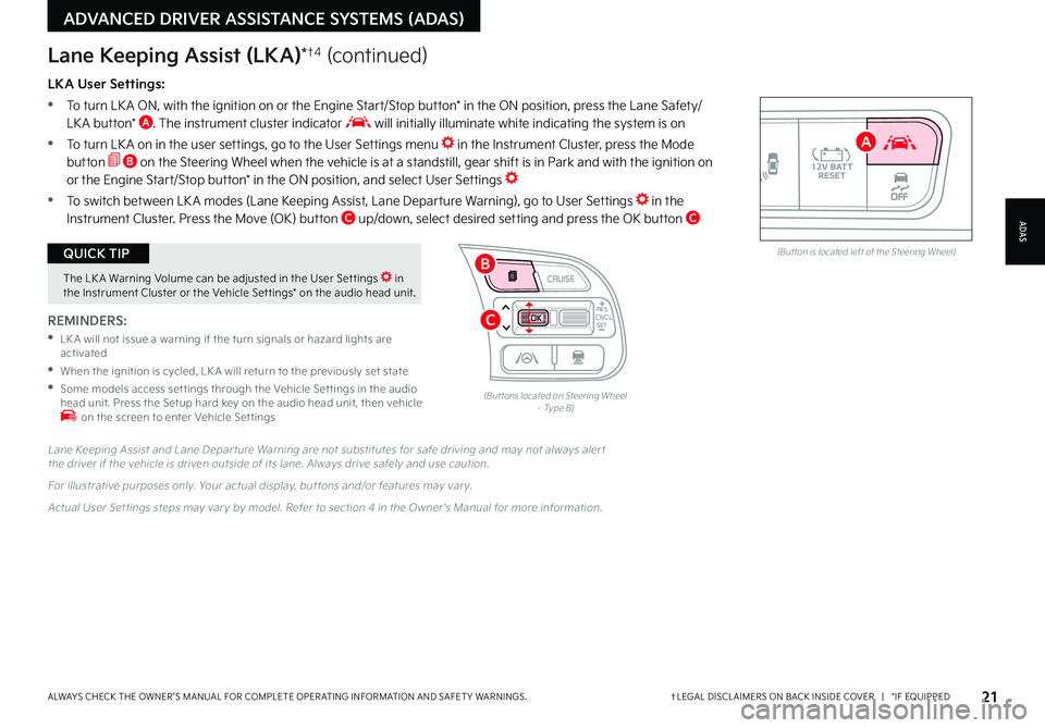 KIA NIRO PHEV 2022  Features and Functions Guide 21†LEGAL DISCL AIMERS ON BACK INSIDE COVER   |   *IF EQUIPPEDALWAYS CHECK THE OWNER ’S MANUAL FOR COMPLETE OPER ATING INFORMATION AND SAFET Y WARNINGS  
 
The LK A Warning Volume can be adjusted i