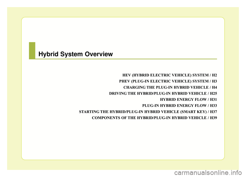 KIA NIRO PHEV 2019  Owners Manual HEV (HYBRID ELECTRIC VEHICLE) SYSTEM / H2
PHEV (PLUG-IN ELECTRIC VEHICLE) SYSTEM / H3 CHARGING THE PLUG-IN HYBRID VEHICLE / H4
DRIVING THE HYBRID/PLUG-IN HYBRID VEHICLE / H25 HYBRID ENERGY FLOW / H31
