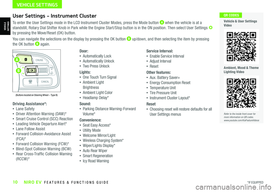 KIA NIRO EV 2021  Features and Functions Guide *IF EQUIPPED10NIRO EV  FEATURES & FUNCTIONS GUIDE
User Settings - Instrument Cluster
To enter the User Settings mode in the LCD Instrument Cluster Modes, press the Mode button A when the vehicle is at