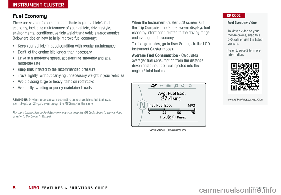 KIA NIRO 2017  Features and Functions Guide NIRO  FEATURES & FUNCTIONS GUIDE8*IF EQUIPPED 
  Fuel Economy Video   To view a video on your mobile device, snap this QR Code or visit the listed website .
Refer to page 2 for more information  .
QR 