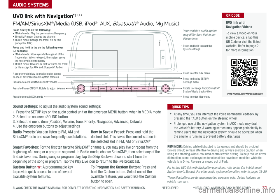 KIA OPTIMA PHEV 2020  Features and Functions Guide PUSH
POWER FILE
TUNE ENTER
VOL
PASSENGER AIR BAG OFF PASSENGERRADIOMEDIA SEEKTRACK NAV
MAP SETUP
AUDIO SYSTEMS
UVO link with Navigation*†1,13
FM/AM/SiriusXM®/Media (USB, iPod®, AUX, Bluetooth® Au