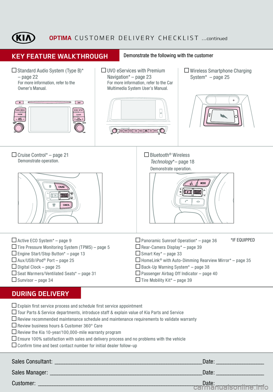 KIA OPTIMA 2016  Features and Functions Guide Sales Consultant: 
 ______________________________________________________________
 Date:
 ____________________
Sales Manager:
 ________________________________________________________________
 Date:
