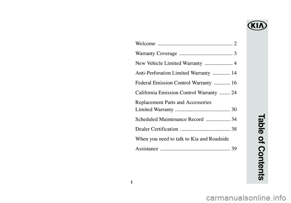 KIA CADENZA 2017  Warranty and Consumer Information Guide 1
Welcome ........................................................ 2
Warranty Coverage  ........................................ 3
New Vehicle Limited Warranty  ..................... 4
Anti-Perforatio