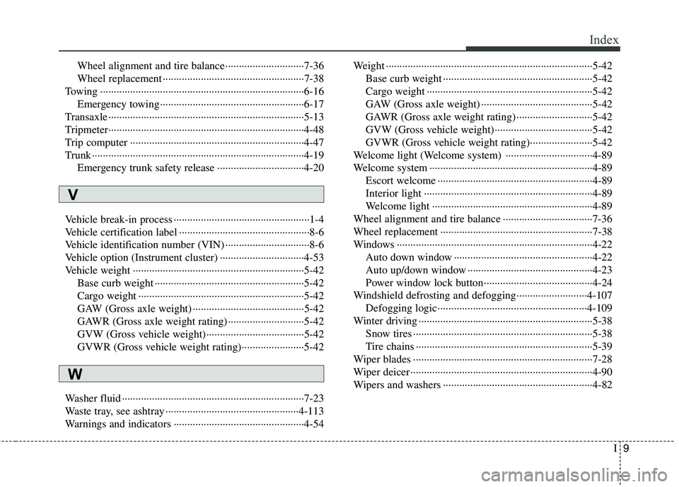 KIA CADENZA 2011  Owners Manual I9
Index
Wheel alignment and tire balance ·····························7-36 
Wheel replacement ······································