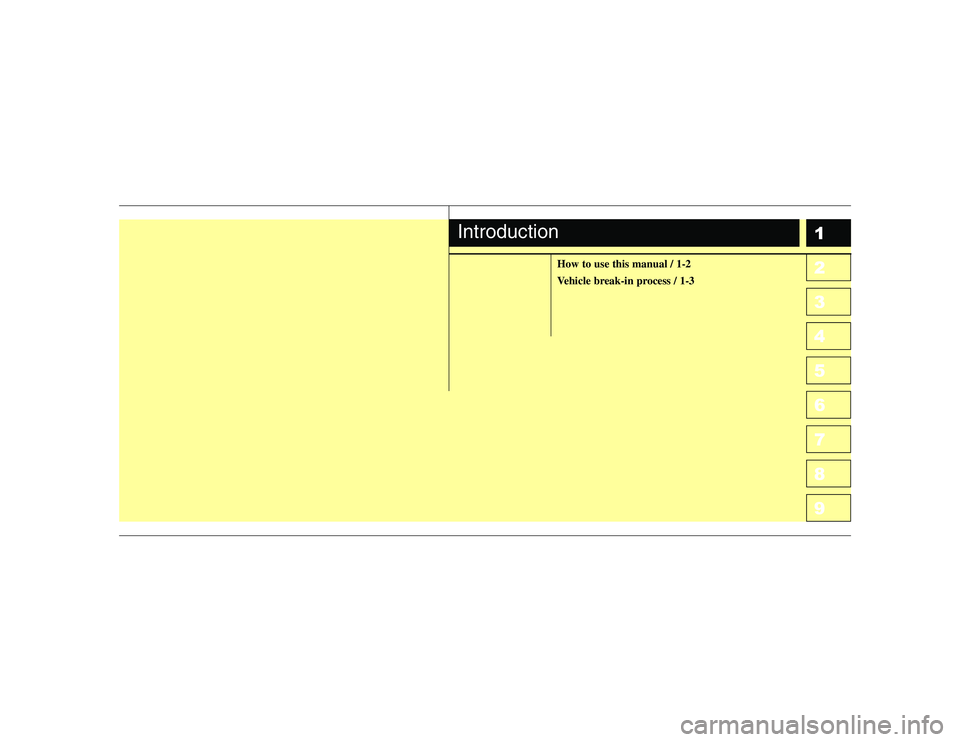 KIA CERATO 2007  Owners Manual 1 23456789
How to use this manual / 1-2 
Vehicle break-in process / 1-3
Introduction 