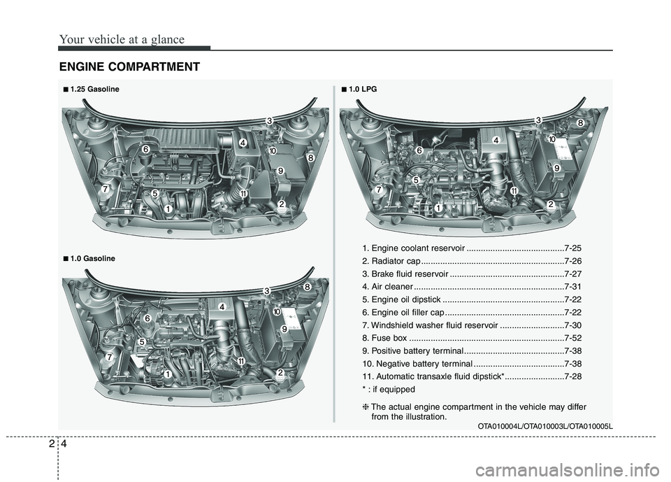 KIA PICANTO 2012  Owners Manual Your vehicle at a glance
4
2
ENGINE COMPARTMENT
OTA010004L/OTA010003L/OTA010005L
1. Engine coolant reservoir .........................................7-25 
2. Radiator cap ............................