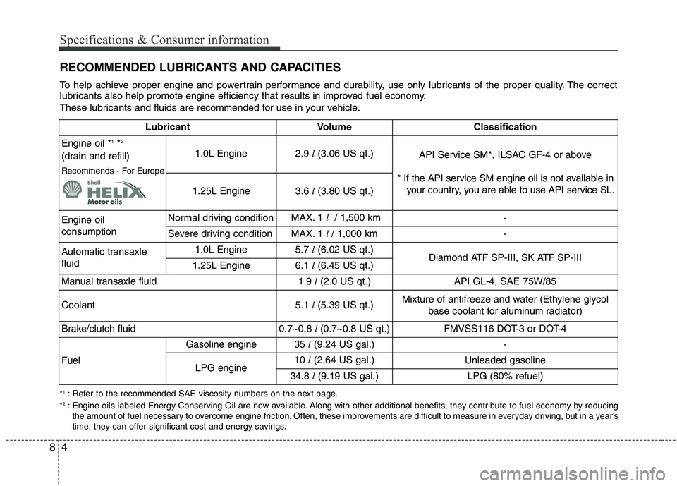 KIA PICANTO 2012  Owners Manual Specifications & Consumer information
4
8
RECOMMENDED LUBRICANTS AND CAPACITIES 
* 1  
: Refer to the recommended SAE viscosity numbers on the next page.
* 2  
: Engine oils labeled Energy Conserving 