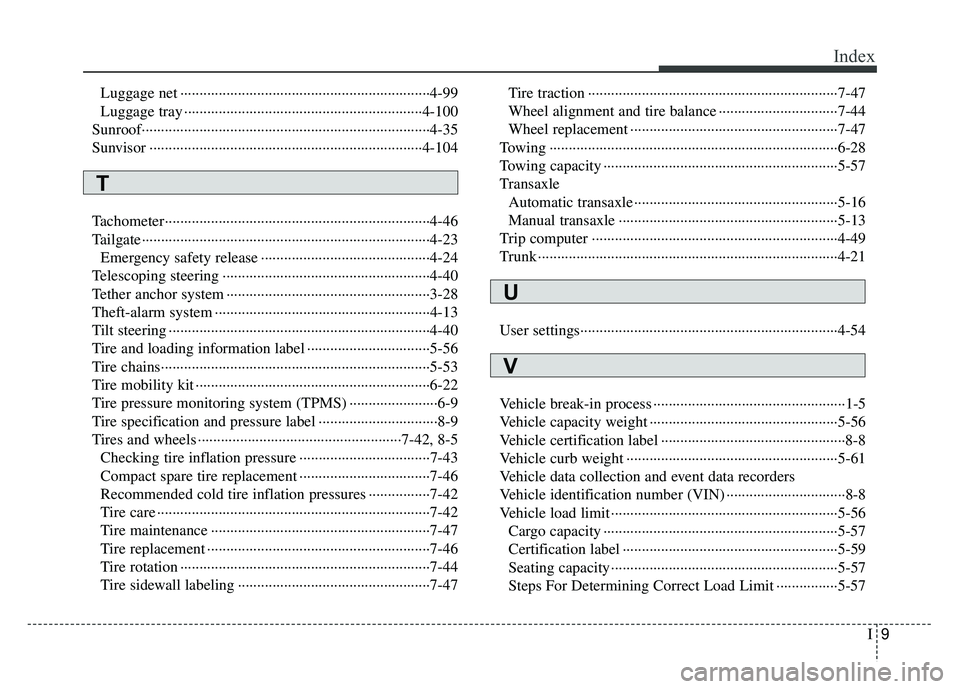 KIA RIO HATCHBACK 2014  Owners Manual I9
Index
Luggage net ··················\
··················\
··················\
···········4-99
Luggage tray ············�