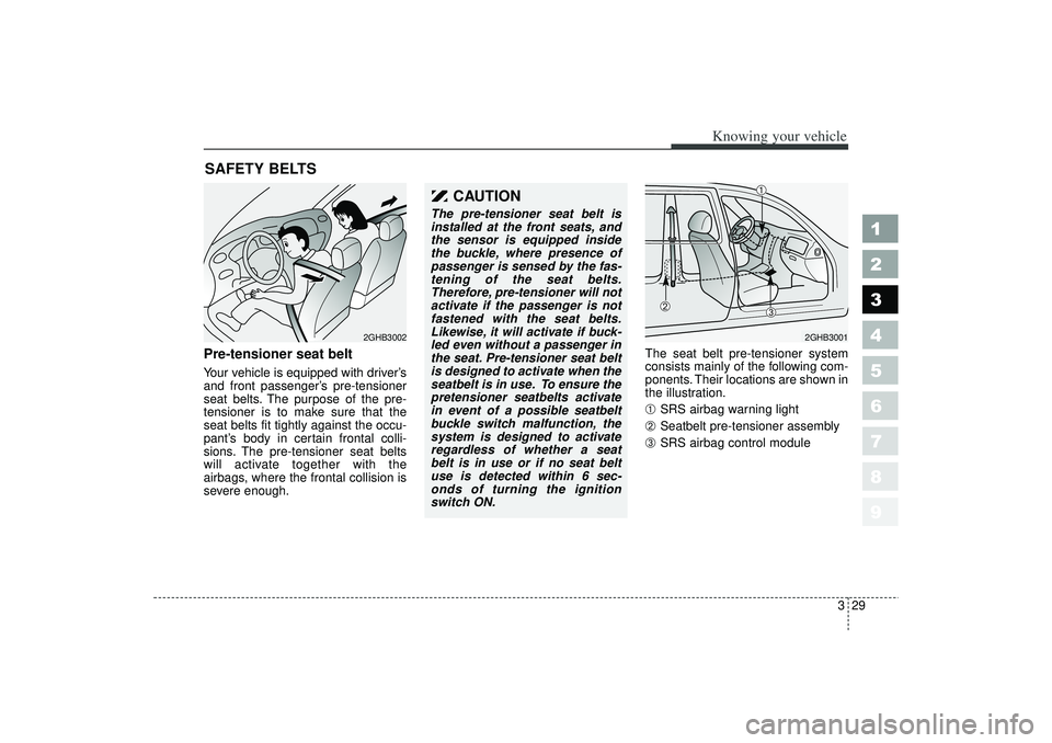 KIA SPECTRA5 2006  Owners Manual 329
1
2
3
4
5
6
7
8
9
Knowing your vehicle
Pre-tensioner seat beltYour vehicle is equipped with driver’s
and front passenger’s pre-tensioner
seat belts. The purpose of the pre-
tensioner is to mak