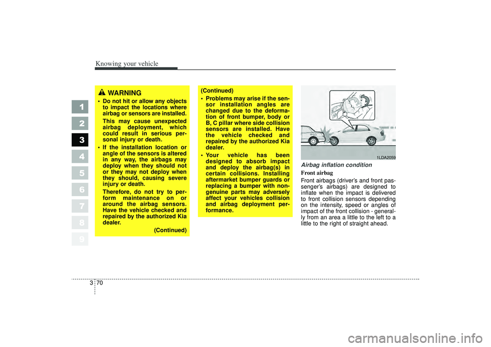 KIA SPECTRA5 2006  Owners Manual Knowing your vehicle70
3
1
2
3
4
5
6
7
8
9
Airbag inflation condition
Front airbag 
Front airbags (driver ’s and front pas-
senger’ s airbags) are designed to
inflate when the impact is delivered
