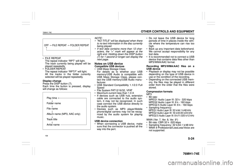 SUZUKI CELERIO 2014  Owners Manual 5-24
OTHER CONTROLS AND EQUIPMENT
76MH1-74E
76MH1-74E
 FILE REPEAT The repeat indicator “RPT” will light. The track currently being played will beplayed repeatedly.  FOLDER REPEAT The repeat indic