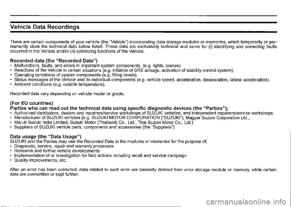 SUZUKI JIMNY 2020  Owners Manual Vehicle Data Recordings 
There are certain components of your vehicle (the "Vehicle") incorporating data storage modules or memories, which temporarily or per­manently store the technical data below 