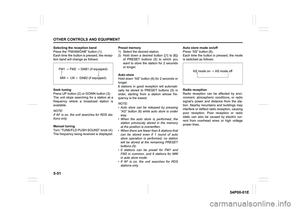 SUZUKI GRAND VITARA 2021  Owners Manual 5-51
OTHER CONTROLS AND EQUIPMENT
54P00-01E
Selecting the reception band
Press the “FM/AM/DAB” button (1).
Each time the button is pressed, the recep-
tion band will change as follows:
Seek tuning