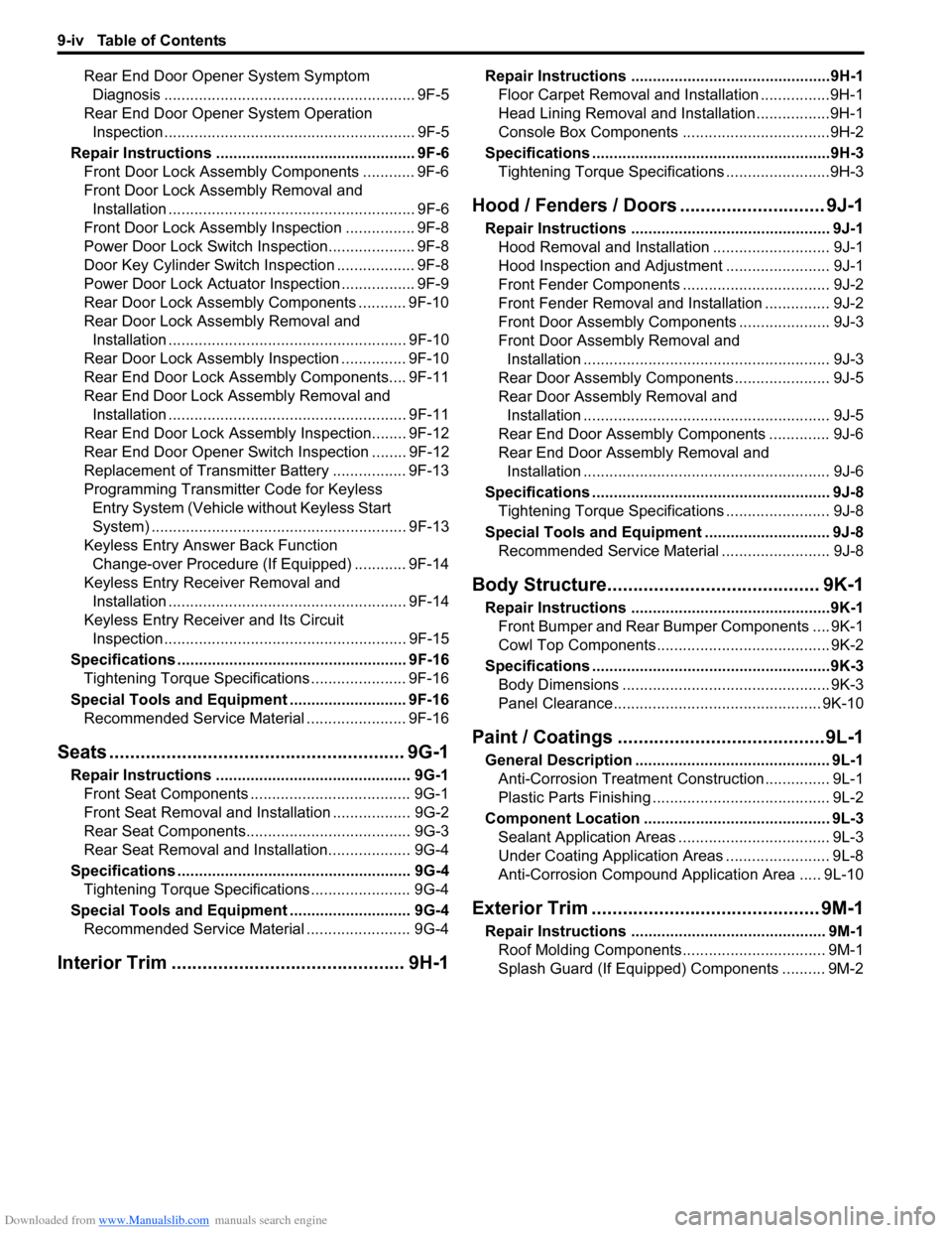 SUZUKI SWIFT 2008 2.G Service Workshop Manual Downloaded from www.Manualslib.com manuals search engine 9-iv Table of Contents
Rear End Door Opener System Symptom Diagnosis .......................................................... 9F-5
Rear End D