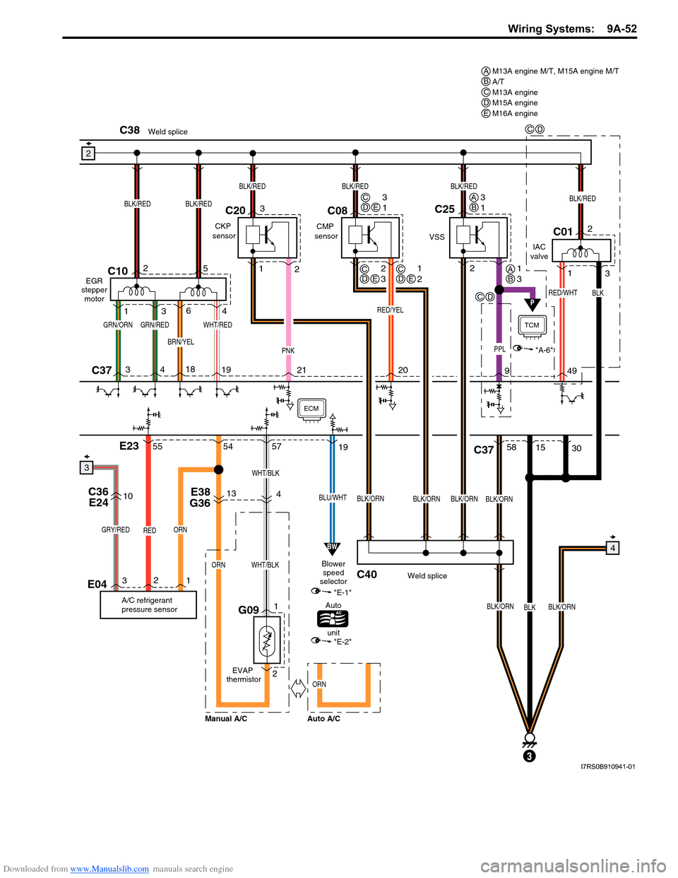 SUZUKI SWIFT 2008 2.G Service Workshop Manual Downloaded from www.Manualslib.com manuals search engine Wiring Systems:  9A-52
"E-1"
"E-2"
EGR
stepper motor
PPL
P
"A-6"
AB
AB
CD
CD
ECM
2
3
REDORNGRY/RED
EVAP  
thermistor
1
2G09
13
ORN
ORN
E38 
G36